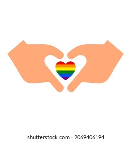 Hands gesture with heart and flag of pride lgbt, drawn fingers hold symbol lgbtq