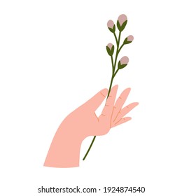 Hands gesture holding bouquets or bunches of blooming abstract lilac flowers illustration.