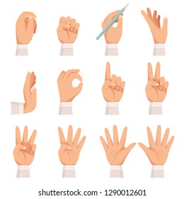 Hands gesture. Human palm and fingers touch showing pointing and holding taking vector cartoon collection isolated