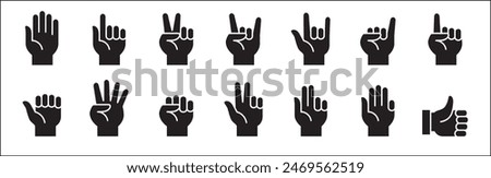Hands gesture icon set. Hands fingers symbol. Hand finger signs set. included icons as palm, fist, bull, index, pinky, thumb up, counting and peace. Vector stock illustration in flat style.
