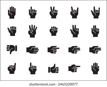 Handgesten-Symbolsatz. Handfinger-Zeichen gesetzt. Hands Finger Symbol. Einschließlich Symbole wie Handfläche, Faust, Stier, Index, Pinky, Daumen hoch, Zählen und Frieden. Vektorgrafik Stock Illustration in flachem Stil.