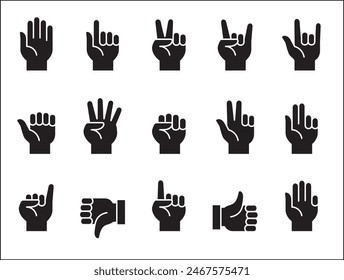 Hands gesture icon set. Hand finger signs set. Hands fingers symbol. included icons as palm, fist, bull, index, pinky, thumb up, counting and peace. Vector stock illustration in flat style.