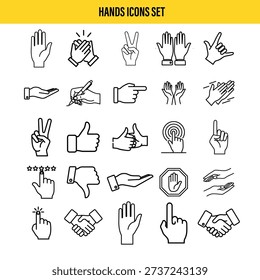 Hands gesture icons set. Clicking, approval, stop, handshake, writing and touch actions. User interface and communication showing pointing. Stroke editable. Vector