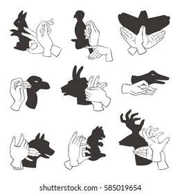 Hands Gesture Like Different Animals Imagination Theatrical Symbol And People Finger Figures Puppet Copy Leisure Shadow Silhouette Vector Illustration.