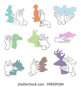 Hands Gesture Like Different Animals Imagination Theatrical Symbol And People Finger Figures Puppet Copy Leisure Shadow Silhouette Vector Illustration.