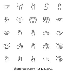 Hands gesture line icons set. linear style symbols collection, outline signs pack. vector graphics. Set includes icons as Praying hands, Rock and roll, Victory, Handshake, Clapping, Index Finger up