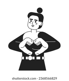 Hands gesture monochromatic flat vector character. Cute woman showing heart sign. Share love. Smiling. Editable thin line half body person on white. Simple bw cartoon spot image for web graphic design