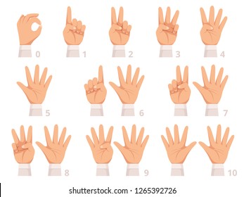 Hands gesture numbers. Human palm and fingers show different numbers vector cartoon illustration