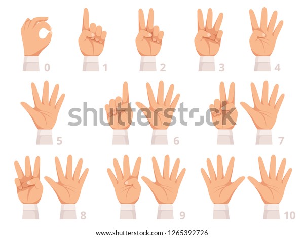 手のジェスチャー番号 人間の手のひらと手の指は 異なる数字のベクターカートーンイラストを示します のベクター画像素材 ロイヤリティフリー