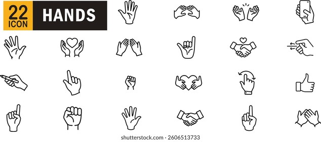 Hands gesture outline icon set. Communication, signs, interaction, emotions, and more.