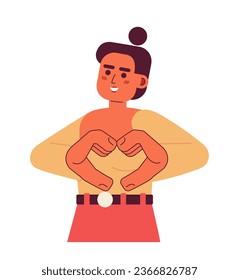 Hands gesture semi flat color vector character. Cute latina woman showing heart sign. Share love. Smiling. Editable half body person on white. Simple cartoon spot illustration for web graphic design