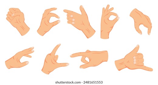 Hands gesture set. Hands showing set. Cartoon style.