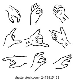 Hands gesture set. Hands showing set. Linear style. Vector illustration.