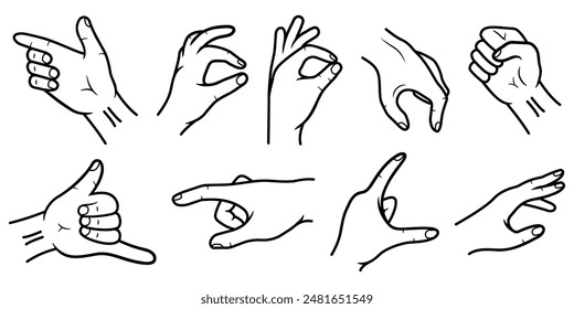 Hands gesture set. Hands showing set. Linear style.