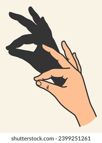 Hands gesture shadow. Gaming animal puppet from hand. Light shade imagination ingenious. Hand play theatrical puppet. Vector cartoon illustration