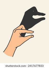 Hands gesture shadow. Gaming animal puppet from hand. Light shade imagination ingenious. Hand play theatrical puppet. Vector cartoon illustration