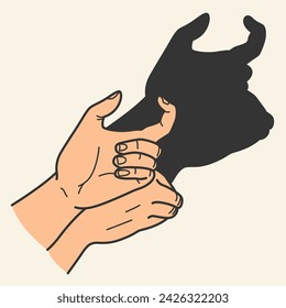 Hands gesture shadow. Gaming animal puppet from hand. Light shade imagination ingenious. Hand play theatrical puppet. Vector cartoon illustration