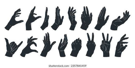 Silhouettes de gesto manual. Caricatura de signos humanos, paz, vale, posición de llamada. Gestos de palmas de mano conjunto de ilustraciones de vector plano