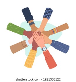 Gesto de manos, unión y unidad, diversidad étnica. Grupo diverso de vectores de personas juntos. Concepto de comunidad, trabajo en equipo, apoyo y asociación, movimiento social, amistad y cooperación