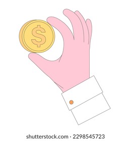 Hands gesture vector illustration. Character hand holding money, golden usd coin, cash, making donations, paying, counting, giving currency and other financial activity. Finance occupations concept. 