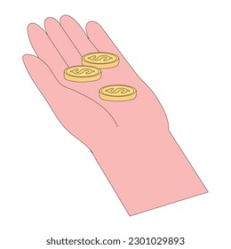 Ilustración vectorial de gesto manual. Personaje que tiene dinero, moneda de oro, cambio, hacer donaciones, pago, conteo, dar divisas y otras actividades financieras. Concepto de ocupaciones financieras. 