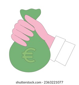 Hands gesture vector illustration. Character hand holding sack with money, coins , cash, making donations, paying, counting, giving currency and other financial activity. Finance occupations concept.