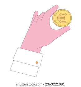 Hands gesture vector illustration. Character hand holding money, golden euro coin, cash, making donations, paying, counting, giving currency and other financial activity. Finance occupations concept.