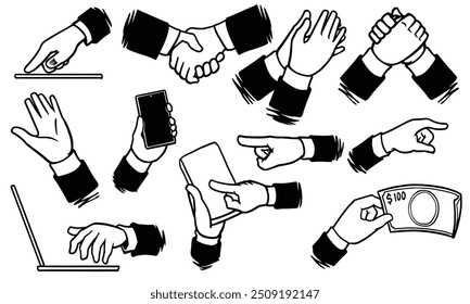 Hands gesture vector illustration in different poses. Business communication symbols.