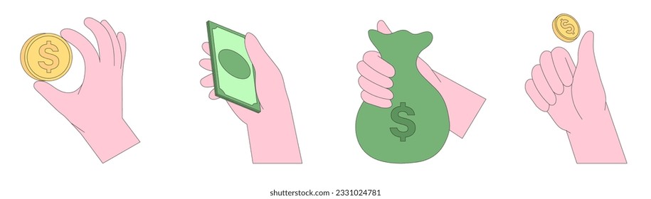 Hands gesture vector illustration set or collection. Money, bundle of banknotes, cash, exchange, pay, count, give currency and other financial activity. Financial operations concept. Finance icons. 