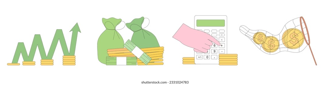 Hands gesture vector illustration set or collection. Money, bundle of banknotes, cash, exchange, pay, count, give currency and other financial activity. Financial operations concept. Finance icons. 