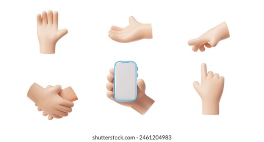 Hands gestures 3D vector illustrations set. Hands emoji with a mobile phone, handshake, palm down, five fingers greeting, pointer gestures. Cartoon arm show different communication signs emoticons