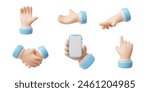 Hands gestures 3D vector set. Hands emoji with a mobile phone, handshake, palm down, five fingers greeting, pointer gestures. Cartoon arm with blue sleeve shows different communication signs emoticons