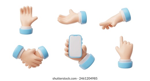 Hands gestures 3D vector set. Hands emoji with a mobile phone, handshake, palm down, five fingers greeting, pointer gestures. Cartoon arm with blue sleeve shows different communication signs emoticons