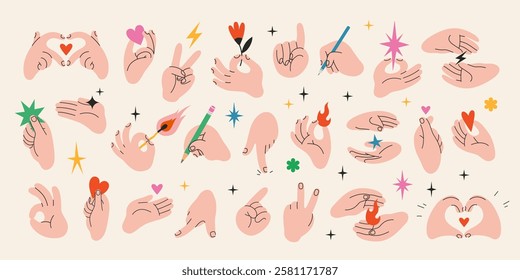 Hands gestures big set. Gesturing human arms holding fire and star, making Heart shape, showing peace and OK sign, writes with pen or pencil. Trendy modern isolated vector illustration, flat design