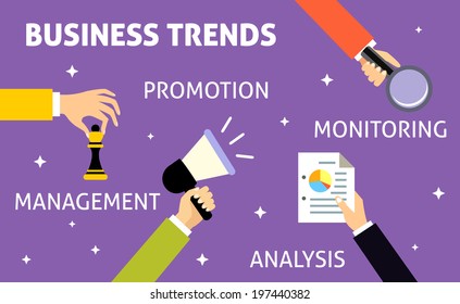 Hands gestures of business trends promotion management analysis monitoring vector illustration