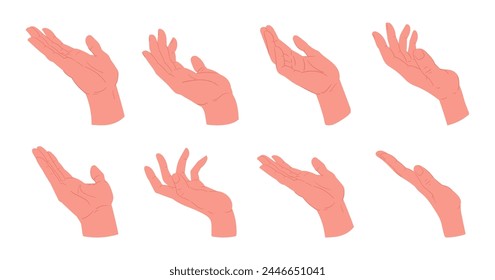 Hands gestures. Cartoon human hand signs flat vector illustration set. Interactive sign language collection