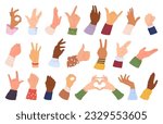 Hands gestures. Cartoon human palm with different skin colours, social equality flat vector illustration set. People hands collection
