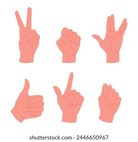 Hands gestures. Cartoon human palm, thumb up, ok and peace signs flat vector illustration set. People hands collection