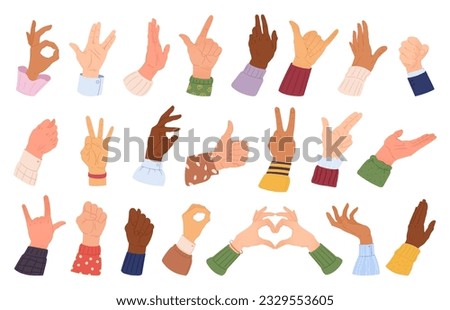 Hands gestures. Cartoon human palm with different skin colours, social equality flat vector illustration set. People hands collection