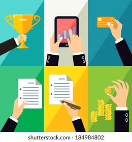 Hands gestures design elements of touch tablet sign document hold coin vector illustration