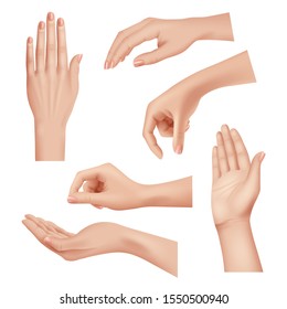 Hands gestures. Female caring skin palm and fingers nails woman cosmetics hands realistic closeup vector