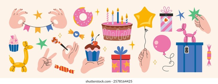 Hands gestures and Festive Birthday party decor. Human arms holding balloons, garlands and star. Celebration set with gifts, cake with candles and candies. Trendy modern vector illustration, flat