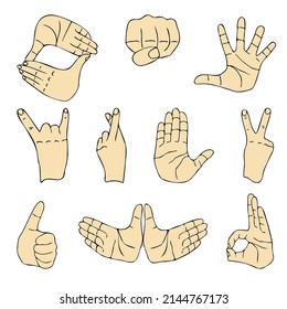Gestos manuales dibujados a mano conjunto de boceto de tinta. Arriba, ok, super, puño, dedos cruzados, señal de paz, abierto palmas popular gesto ilustración vectorial