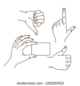 Hands gestures hand drawn set stroke outline logo graphic art design isolated on white. Thumb up and thumb down, pointing finger, hand holding card
