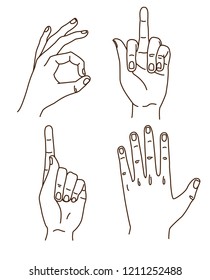 Hands gestures hand drawn set stroke outline logo graphic art design isolated on white. OK sign, fuck, pointing finger, waving open palm