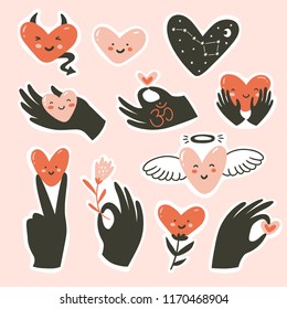 Hands gestures with heart isolated on pink background. Vector illustration. Gestures of love and happiness.