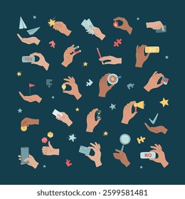 Hands in gestures holding business items. Arm holding various stuff, coins, cards, money, phones, pencil, light bulb. Management objects in metaphor concept. Set of vector illustration