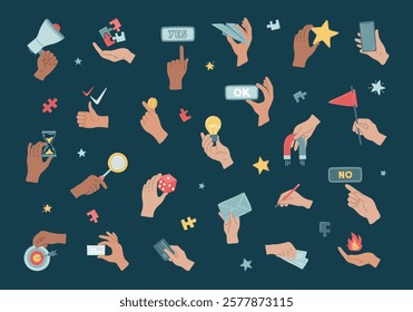 Hands gestures with holding management objects. Arm holding various stuff, coins, cards, money, phones, pencil, light bulb. Business processes in metaphor concept. Set of vector illustration.