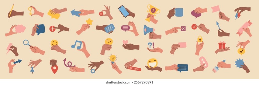 Hands gestures. Human hands holding thematical objects flags ribbons hands from fingers emoji and speech bubbles recent vector hands illustrations