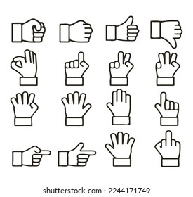 gestos de manos del conjunto de iconos humanos Icono de la línea vectorial ilustración de manos en diferentes situaciones. Elementos de diseño de vectores para web, infografía, presentación, comunicación, emoticonos